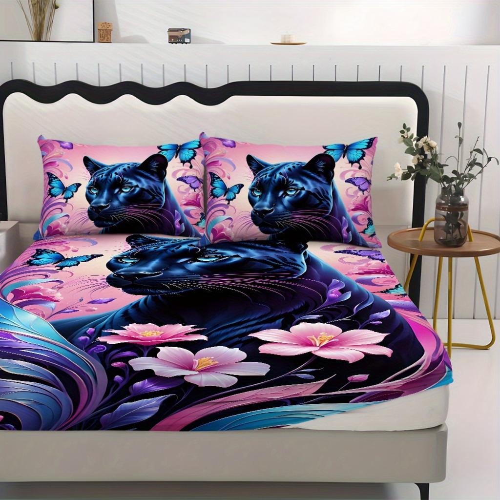 1pc Colorful Fitted Sheet Black Cat Printed 100% Polyester Breathable Bedding Set for Home Decor Without Pillowcase