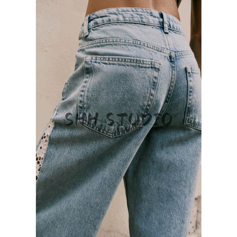 Autumn New Women's Clothing Minimalist Style Stripes with Decorative Crochet Patchwork High Waist Wide Leg Denim 1889153