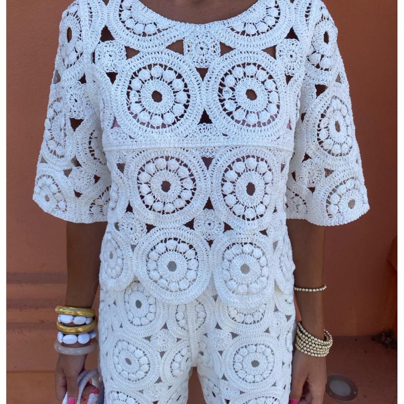 Σέξι Διχτυωτά Κροσέ Σετ Δύο Τεμαχίων Γυναικεία Μπλουζάκια με Κοντό Μανίκι + Ψηλόμεσο Χαλαρό Σορτς Γυναικεία Μόδα Σικ Μονόχρωμα Streetwear Κοστούμια Παραλίας