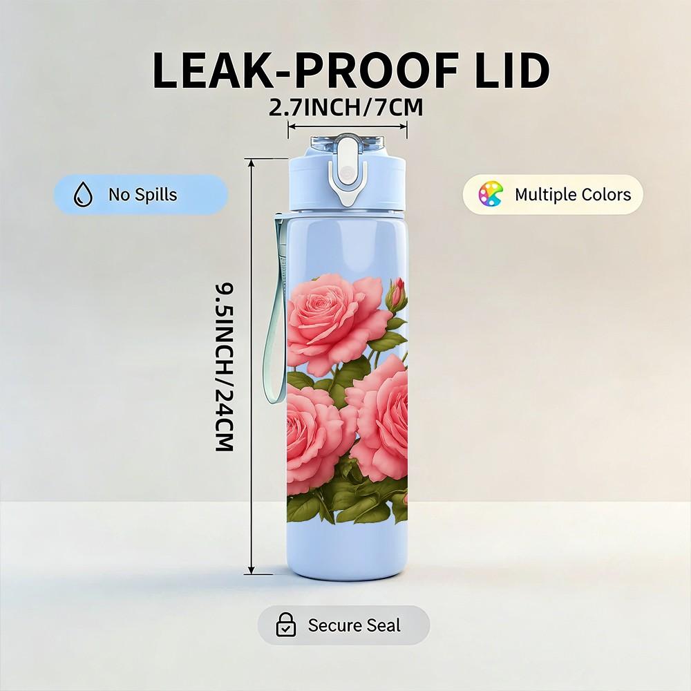 1PC Pink Rose Bouquet Floral Print 750ml Color Plastic Sports Water Bottle Leakproof Flip Straw Lid Suitable for Sports Office Home Use