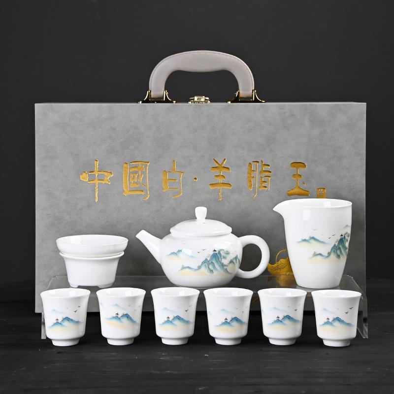 Conjunto de chá de porcelana branca jade suet, conjunto kung fu de bule, um conjunto completo de xícaras para fazer chá doméstico