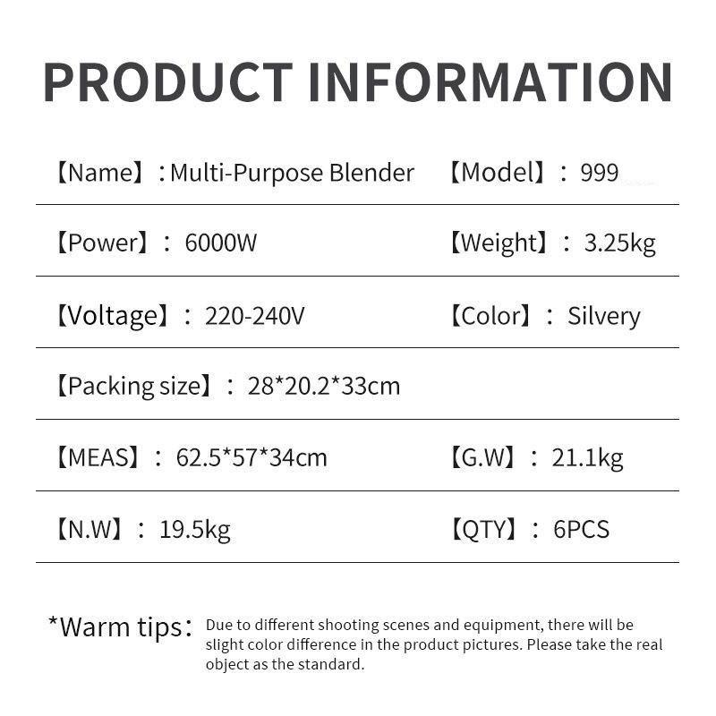 2.5L 6000W 2-in-1 Large Capacity Fully Automatic Fruit Juicer Multi Purpose Blender Household Kitchen Ice Crushing Machine