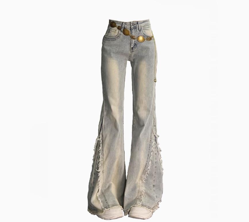Women s American Retro High-Waisted Micro-Flare Jeans with Frayed Hem and Patchwork Design - Slimming Straight Leg Bootcut Pants XS