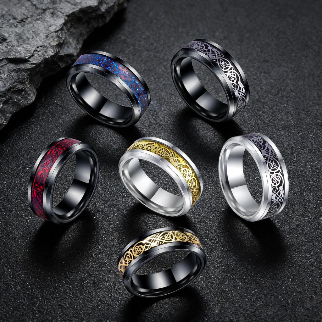 8mm Men's Stainless Steel Celtic Dragon Black Wedding Ring Set