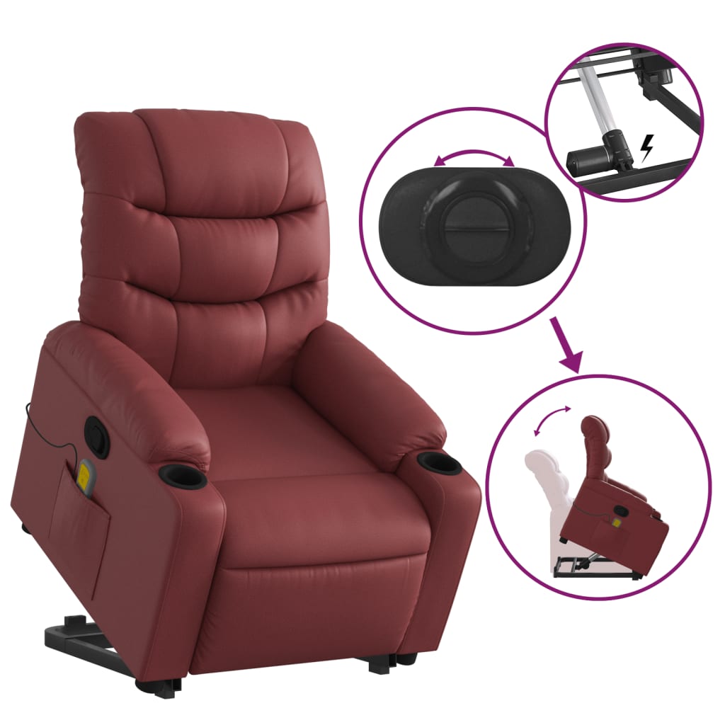 Massage Recliner with Rising Function Burgundy Artificial Leather