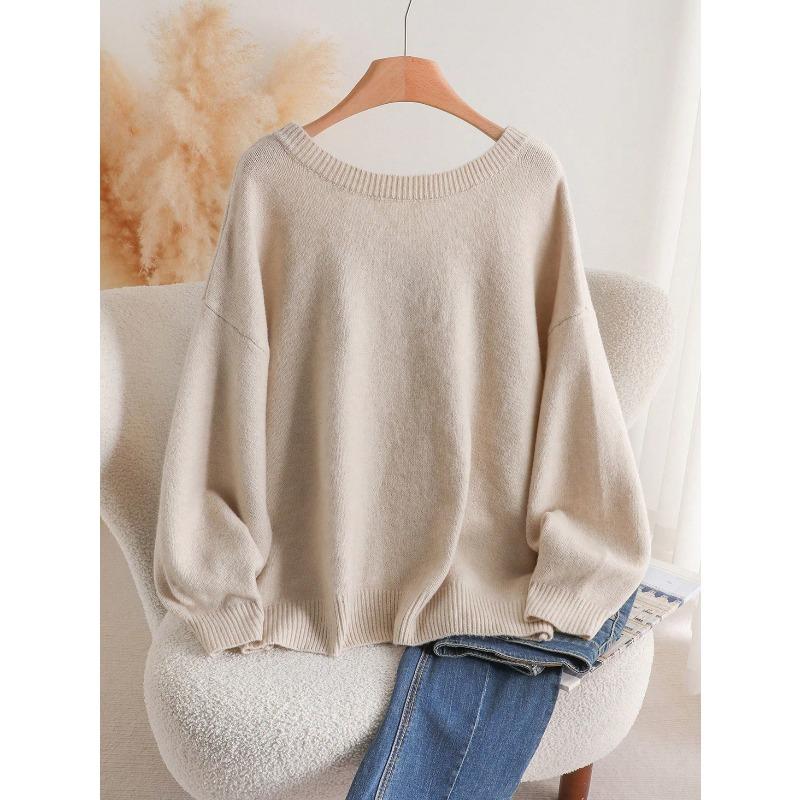 Women Loose V Neck Bow Thick Knitted Casual Sweater Outerwear