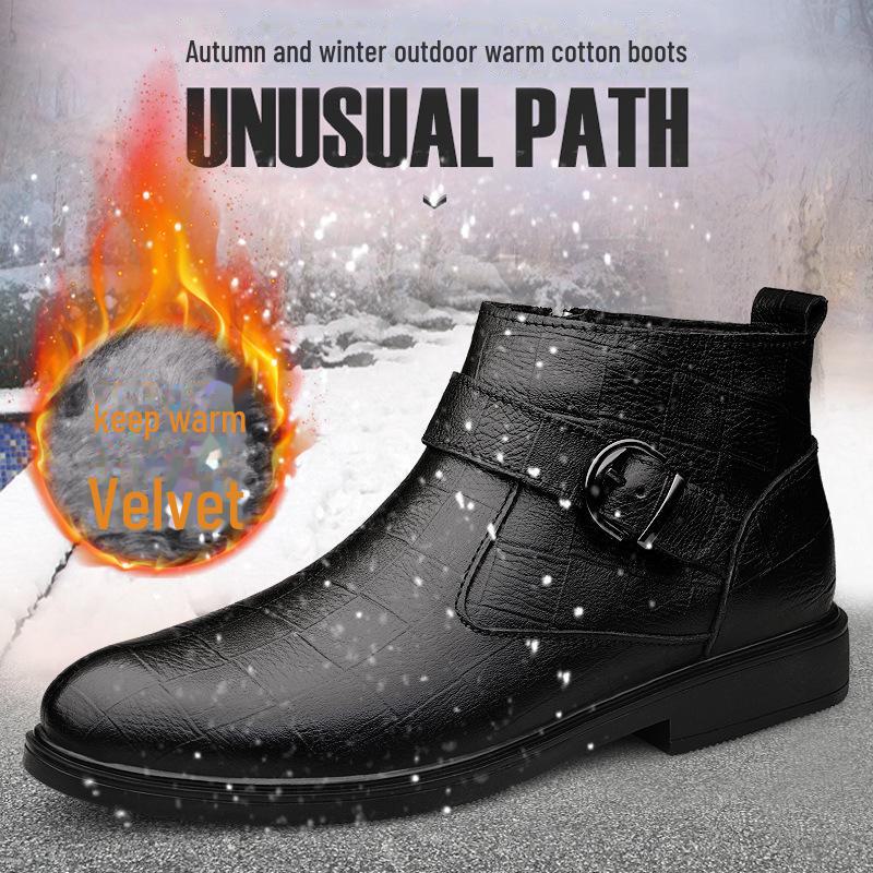 Men's British Style Mid-High Top Layer Cowhide Martin Boots, Autumn/Winter Leather, Plus Velvet, Zipper Short Boots