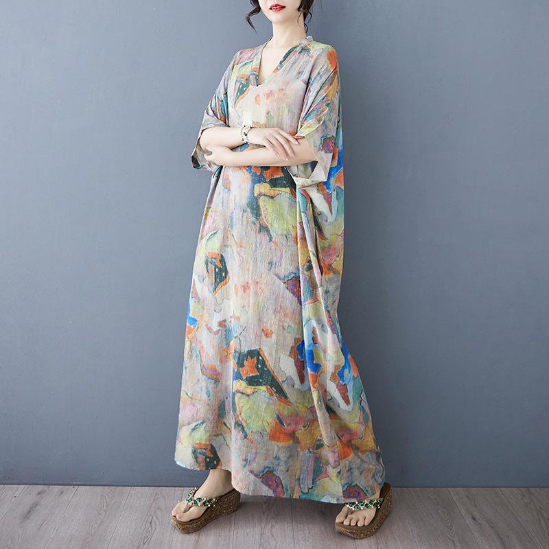 Summer Casual Artistic Plus Size Loose Print V-neck Short Sleeved Dress