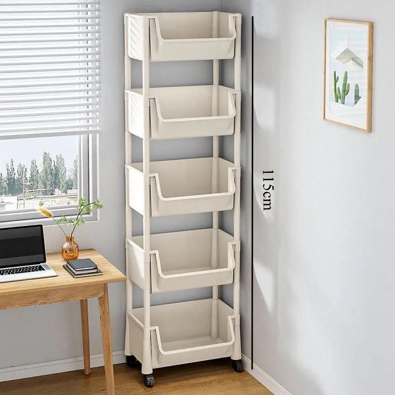 Hohes und schmales rollbares Kinderbücherregal mit stapelbaren Aufbewahrungsboxen gray