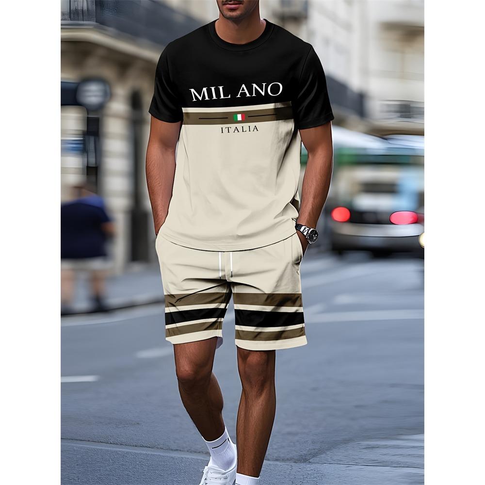 Conjunto de 2 Piezas para Hombre de Verano Camiseta de Manga Corta con Estampado de Letras y Rayas Shorts con Cordón Oversize Holgado Cuello Redondo
