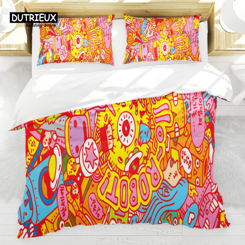 Abstract Art Painting Duvet Cover Colorful Cartoon Pattern Bedding Set Microfiber Quilt Cover Twin Full For Kids Girl Teen Decor