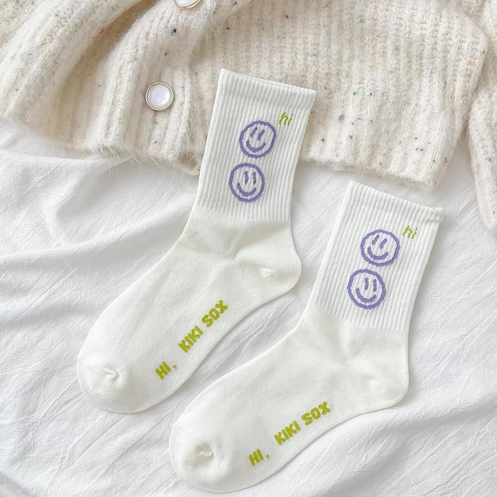Women's Mid-Calf Socks: Trendy Spring/Summer Street Style – Comfortable, Breathable with Letter and Smiley Face Designs