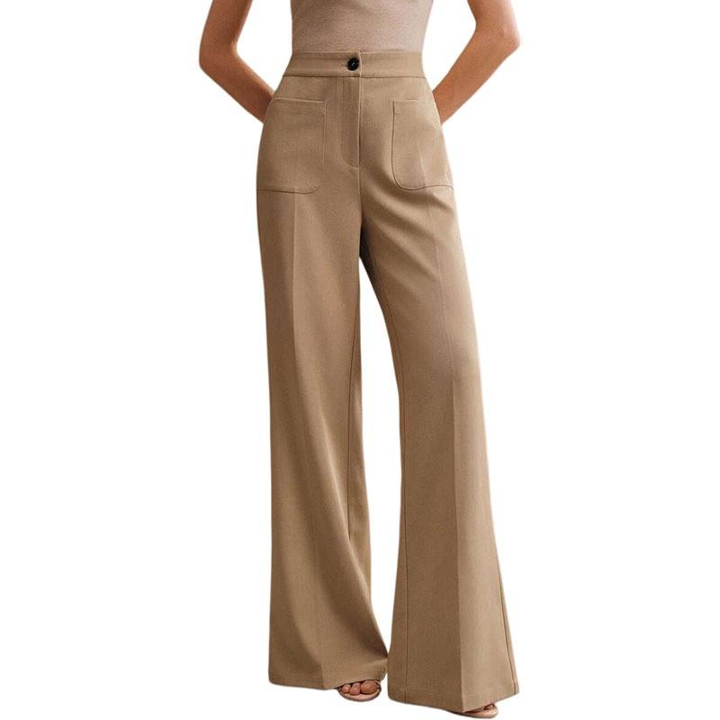 Womens High-Waisted Wide-Leg Trousers With Flared Hem Elegant Office Casual Pants Lightweight Breathable Straight Fit