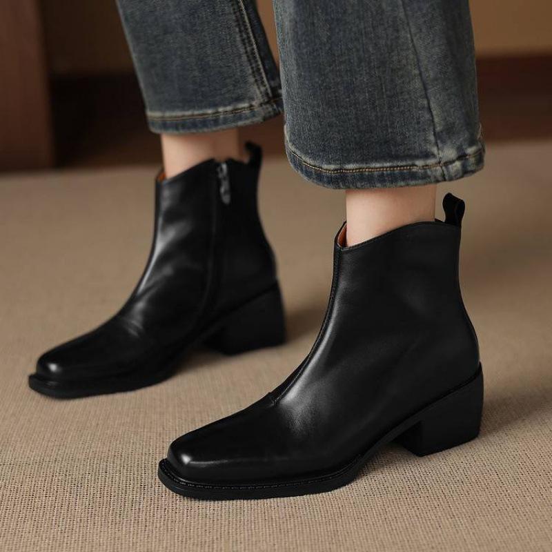 Neue Damen-Rindsleder vielseitige Martin Stiefel einfarbig Seitenreißverschluss Übergröße mittlerer Absatz Damenstiefel dicker Absatz Reißverschluss mittelhohe Stiefel