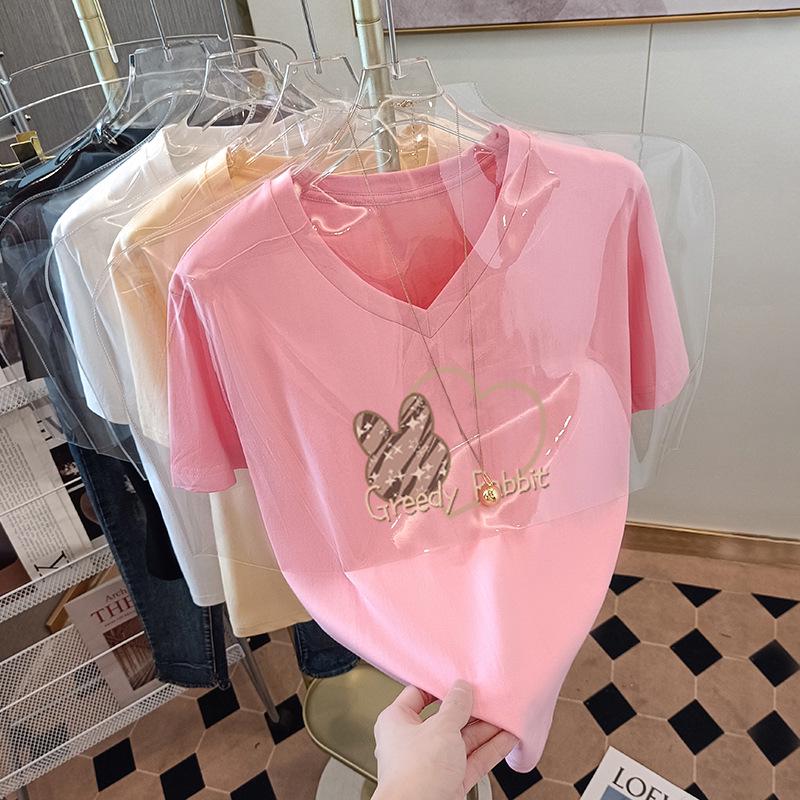 

2025 Women s Short Sleeve Pink V-Neck Loose Cotton T-Shirt 2XL