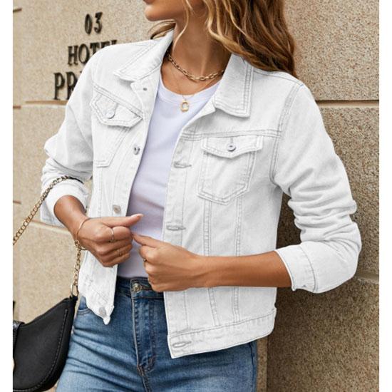 

Женские джинсовые куртки, модная женская повседневная джинсовая куртка с длинными рукавами и лацканами, однотонное пальто на пуговицах и нагрудном кармане, осенне-зимнее пальто XXL белый