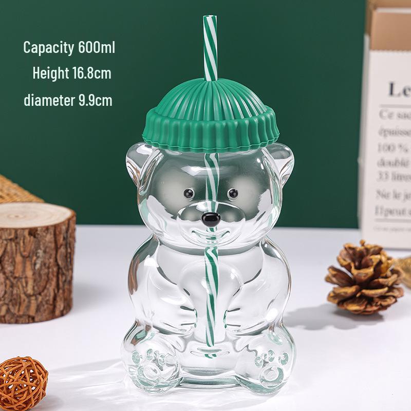 Cartoon-Bären-Glasbecher mit Strohhalm | Kreatives Teddybär-Design
