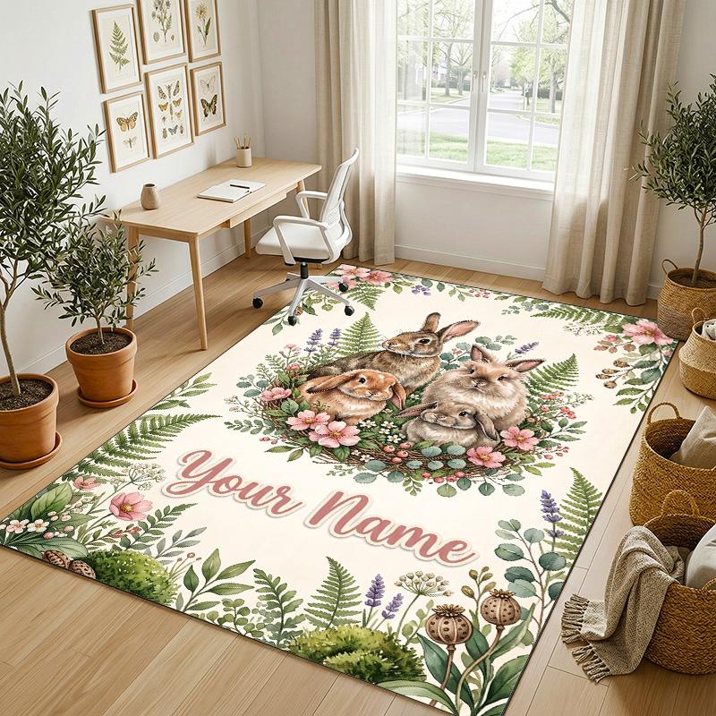 Easter Bunny Theme Crystal Velvet Rug Personalized Custom Name Text Soft Floor Mat Home Decor