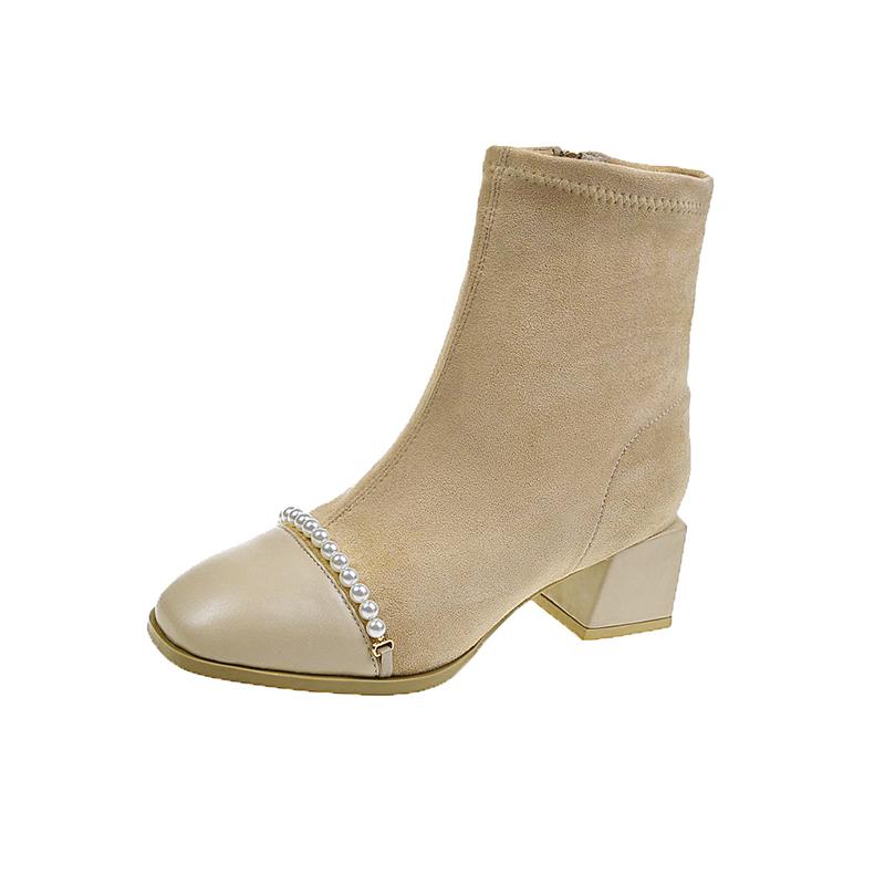 Fashion Stylish Beaded Spliced Suede Side Zipper Non-Slip Wear-Resistant Block Heel Short Thigh Boots Autumn New Single Boots