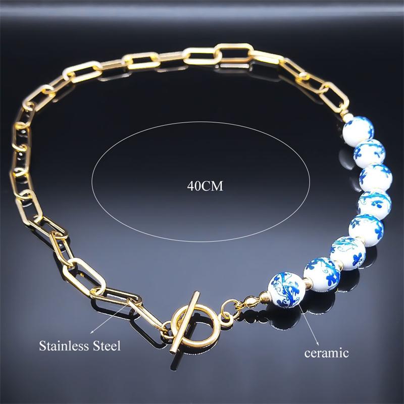 Blau-weiße Porzellanperlenkette für Damen Edelstahl China Keramik Choker Halsketten Weihnachtsgeschenk Schmuckkragen