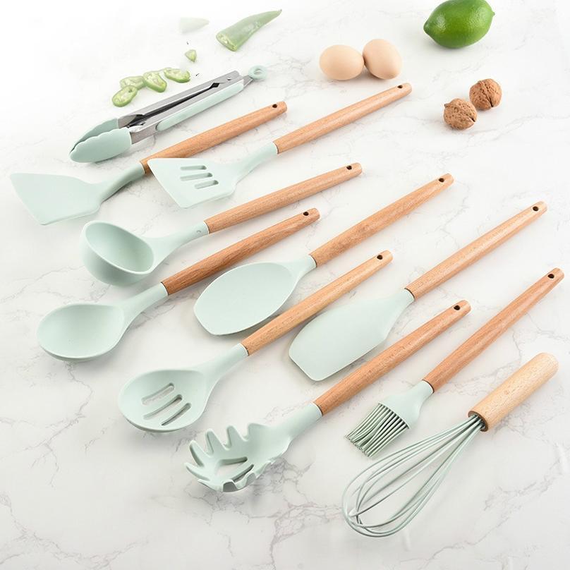 1 Pcs Silicone Kitchenware Set with Wooden Handle 12 Piece Non Stick Spatula and Spoon Kitchenware Set