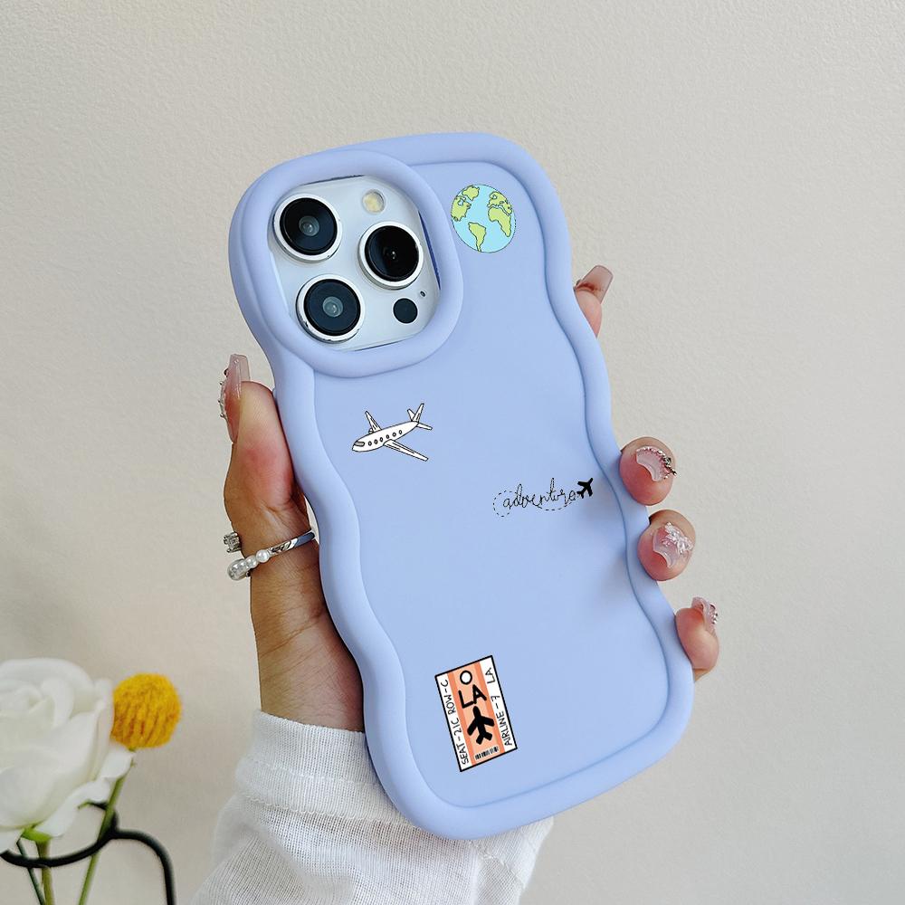 N68 Airplane Flight Trajectory Art Macaron Wavy Edge Phone Cases for iPhone 16 Pro Max Samsung S24 A35 A54 Xiaomi Redmi Note 13 Honor Shockproof Cover