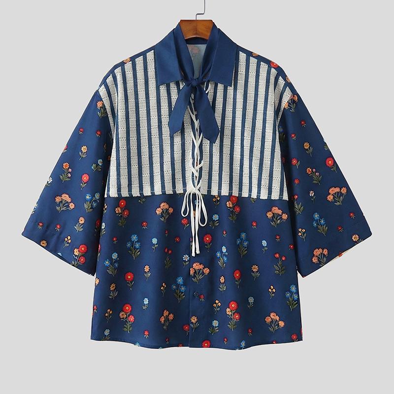INCERUN Summer Men Lapel Neck Short Sleeve Floral Print Lace Patchwork Casual Hawaiian Shirts S синий