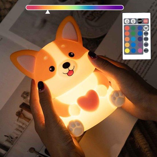 Rechargeable Nursery Light Portable Corgi Night for Nursery, Silicone LED Bedside Lamp with Touch/Remote Control & 30-Minute Timer, Dimmable