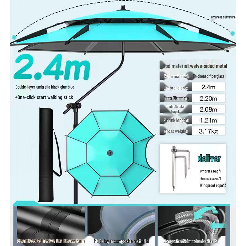 2025 Stainless Steel Large Fishing Umbrella: Thickened Double Layer Sun Protection