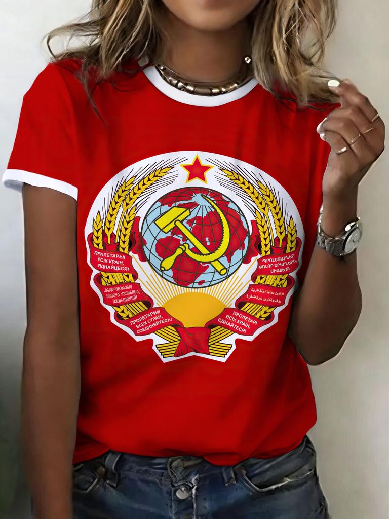 Russian T-Shirts CCCP Floral 3D Print Women's Short Sleeve Round Neck T Shirt Oversized Harajuku Tees Y2k Tops Female Clothing