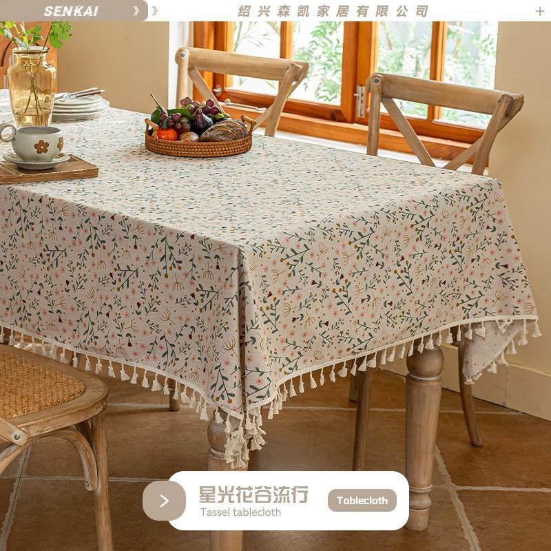 Waterproof Cotton-Linen Look Tablecloth With Tassels Floral Print Dining Table Coffee Decor Square Rectangular