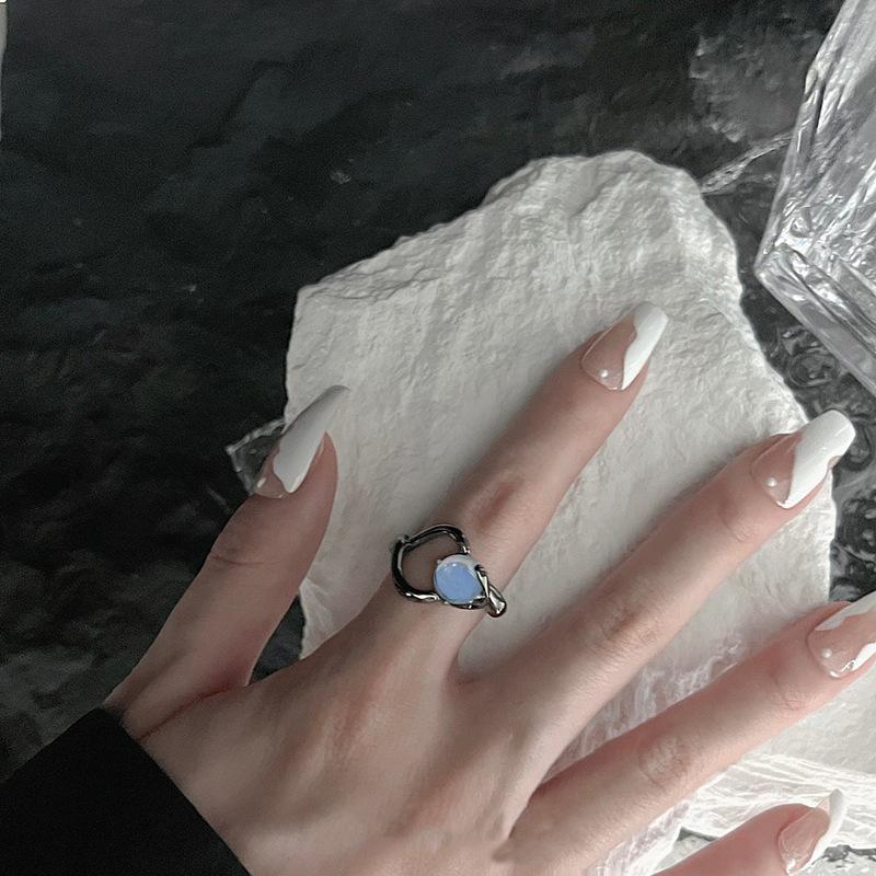 Niche Design Dark Personality Moonstone Open Ring Gemstone Light Luxury High Sense Cold Wind Index Finger Ring