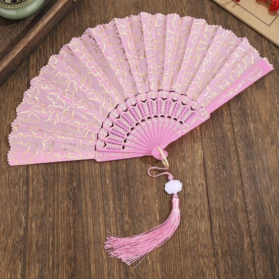 Love Heart Print Folding Fan with Tassel Chinese Style Portable Hollow Ribs Hand Fan Women Dance Performance Props Party Favors