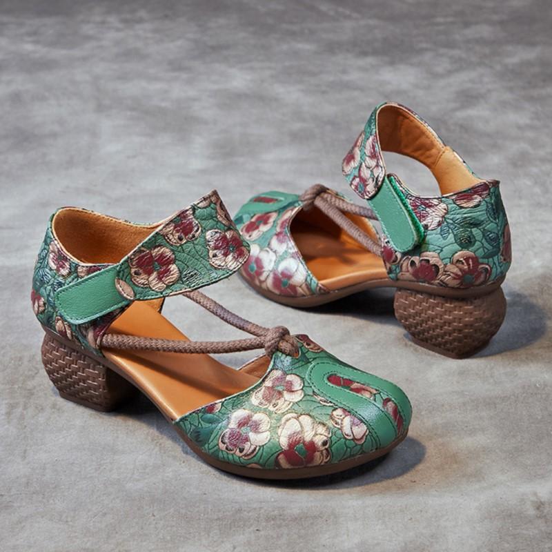 Johnature Letní dámské boty etnického stylu z pravé kůže, embosované, s tlustým podpatkem, s měkkou podrážkou, vintage sandály