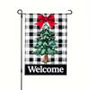 2D Flat, 1 Set, 2D Flat Printing, No Electricity Needed, Christmas Theme Black and White Plaid Christmas Tree Welcome Garden Flag, Polyester Material,