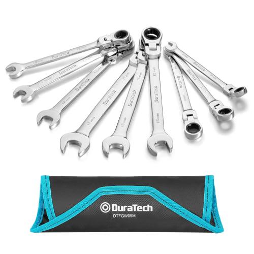 DURATECH Combination Wrench, Flex Ratchet Wrench, Single-End Wrench with Swivel Ratchet, 72 Gears, CR-V Steel, 9-Piece Set, for Automotive Repair, Mai