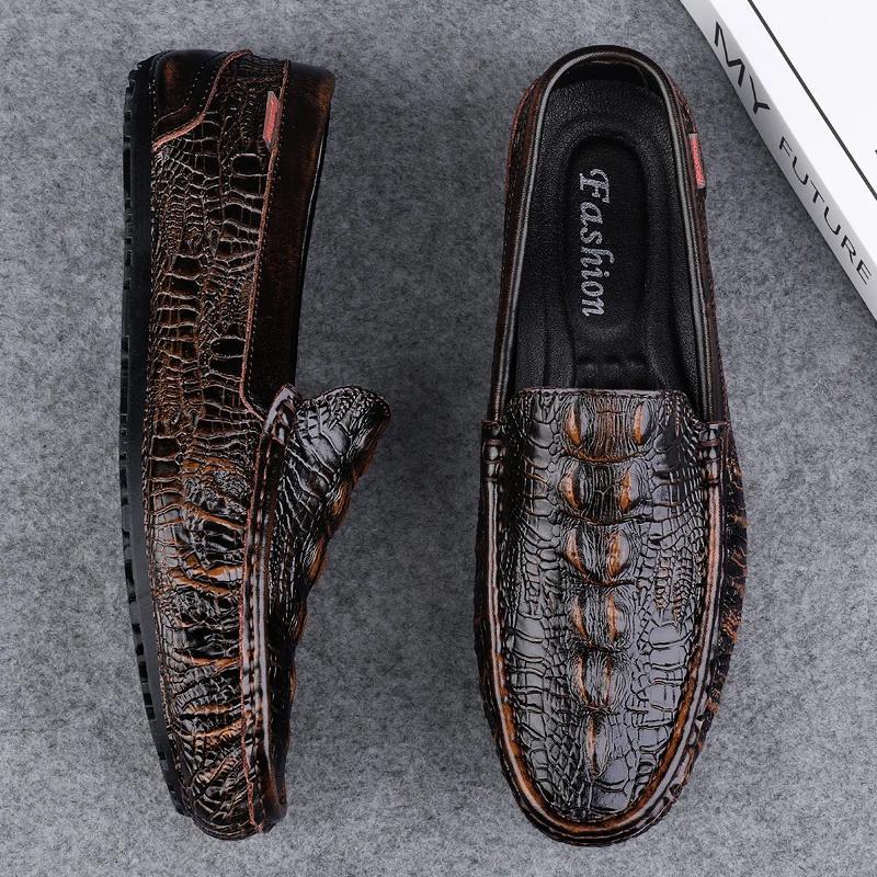 Fashion Crocodile Pattern Mens Loafers Genuine Leather Casual Shoes Men Slip-On Shoes Lightweight Man Driving Flat Fashion New Mocasines
