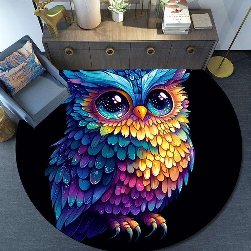 Owl Artwork Round Area Rug,Carpet Rug for Living Room Bedroom Sofa Playroom Decor,Non-slip Floor Mat