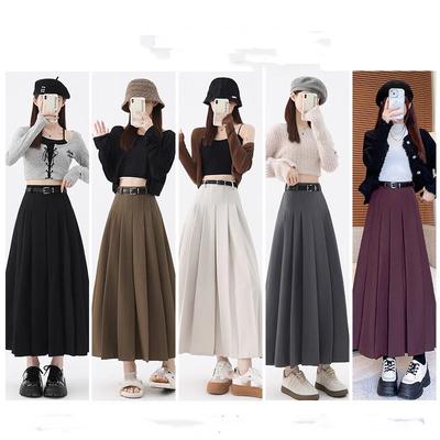 Falda Maxi Holgada de Color Sólido con Pliegues de Moda Coreana Vintage de Primavera para Oficina