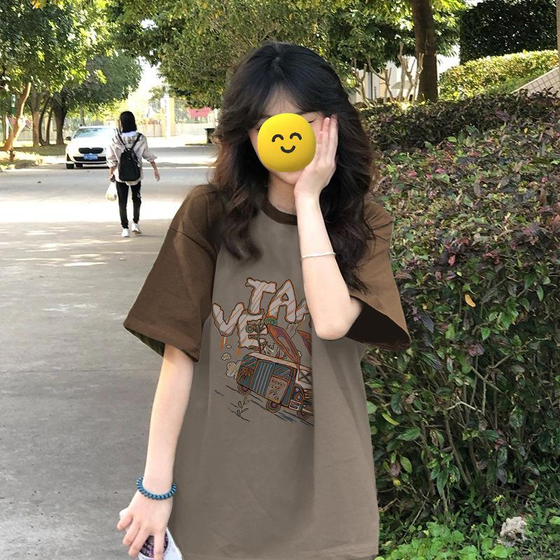 Ladies Summer Short Sleeve Round Collar Color Block Cartoon Printed Loose Pullover Casual T Shirt Top