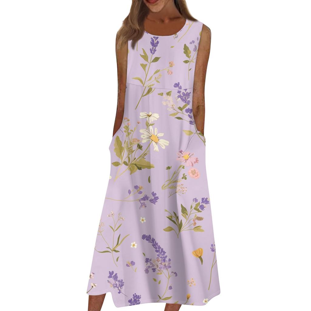 Lässige bedruckte Damenkleider mit Rundhalsausschnitt, Basic, klassisch, für den Alltag, ärmellos, lockere Kleider