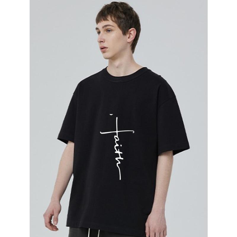 Black T Shirt with Faith Cross Print for Casual Wear