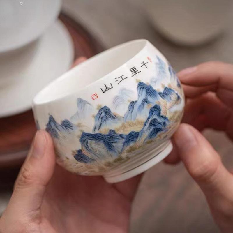 Taza de té Maestra de Jade de Sebo Taza Mil Millas Jiangshan Taza Individual de Kung Fu Jianzhan Taza Grande para Cata de Té Cuenco de Té Taza de Meditación