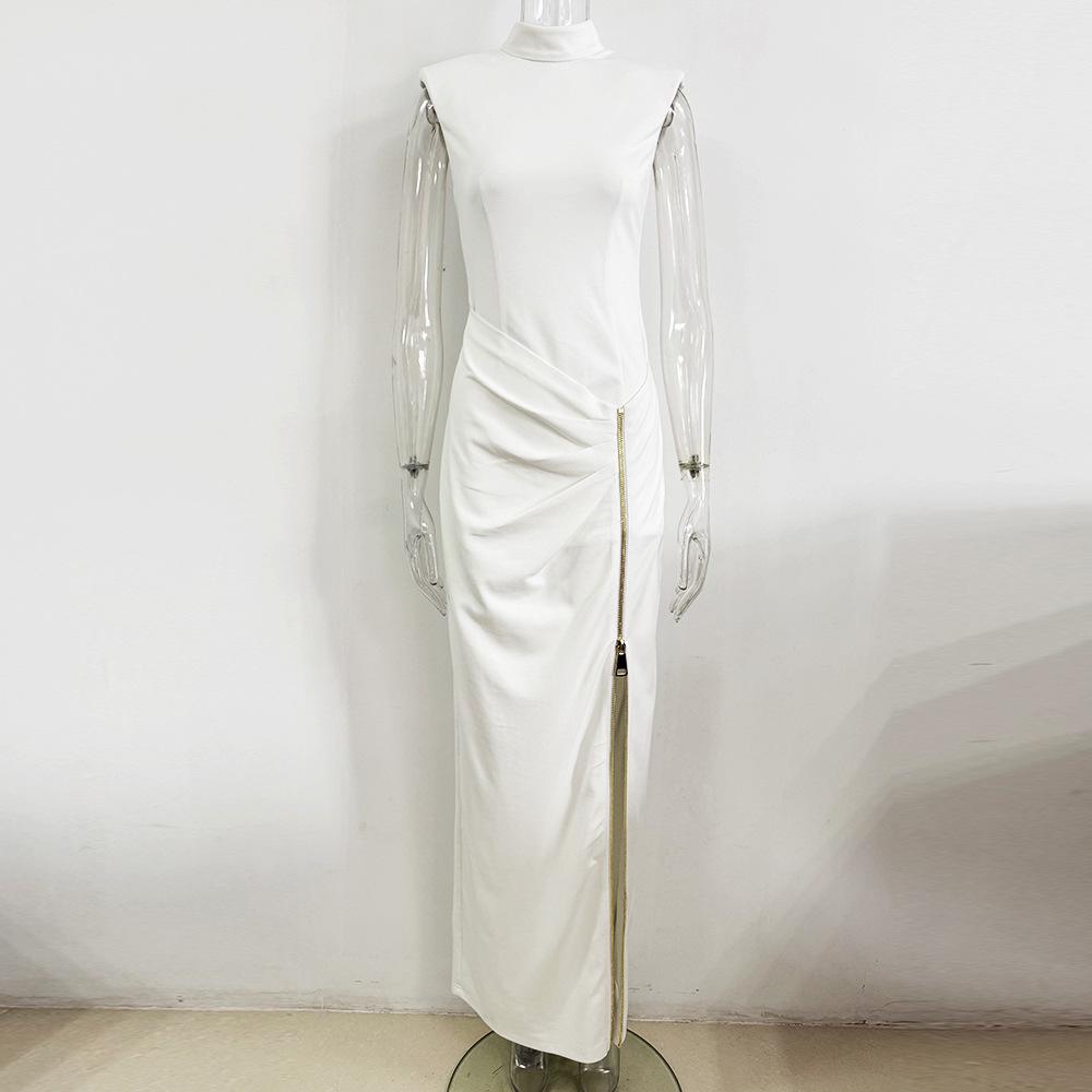 

Elegant Early Spring 2026 Sleeveless Zipper Slit Stretch Maxi Dress XL білий