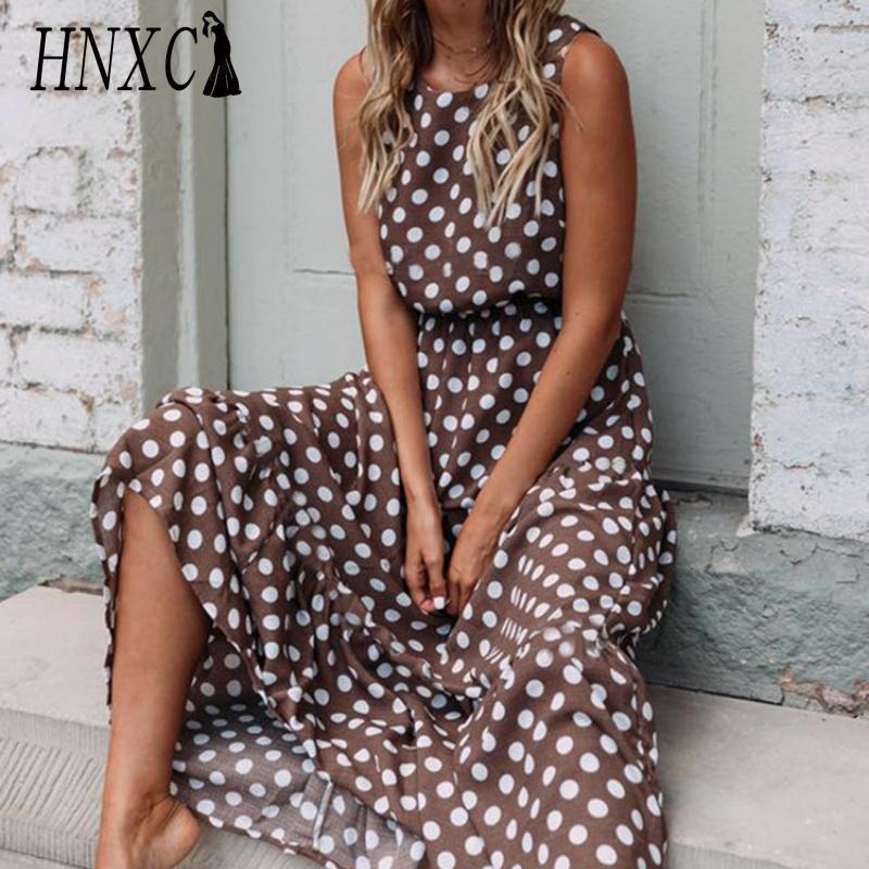 HNXC Women's Fashion Summer Spring Solid Color Print Sleeveless O-Neck High Waist Casual Dresses