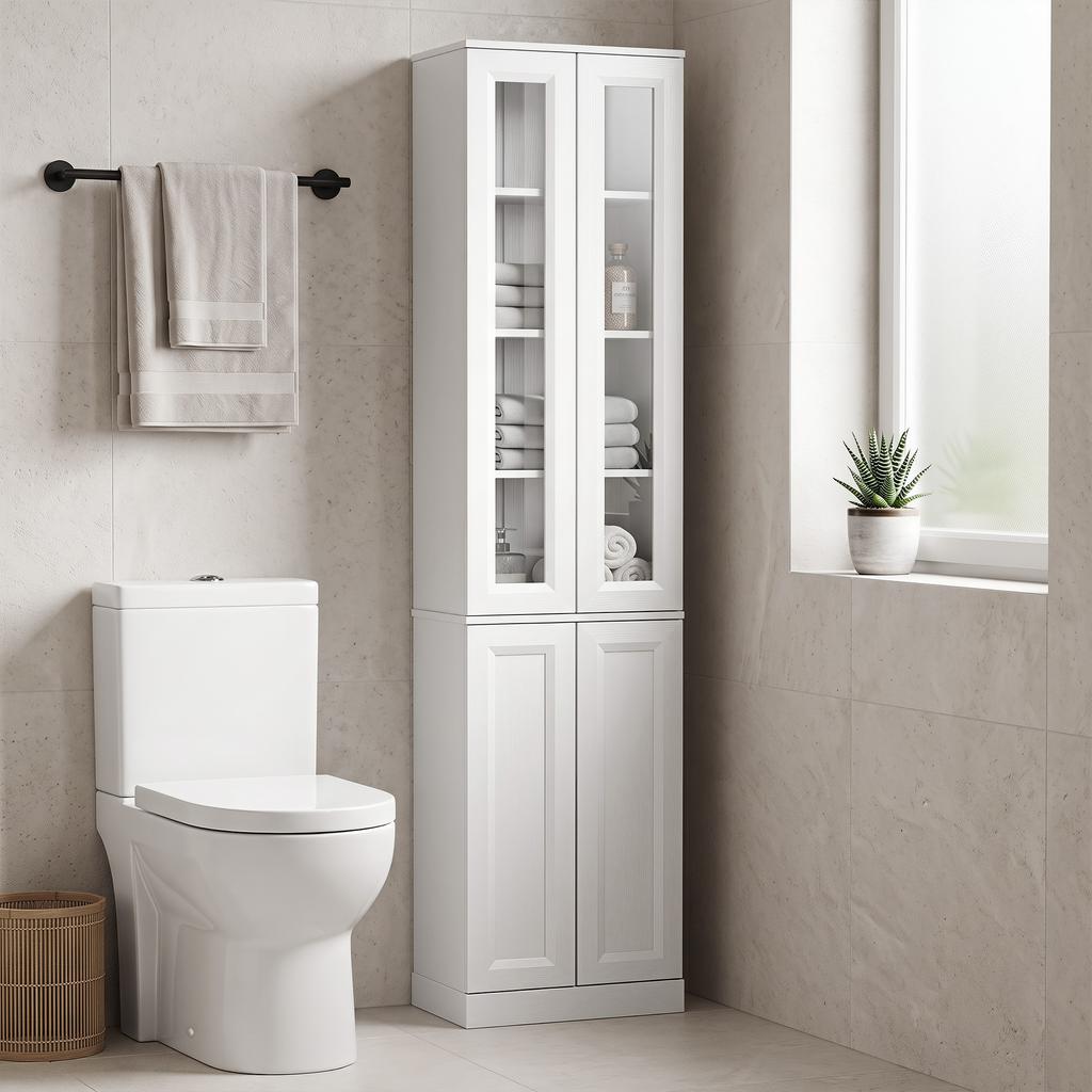 Bathroom Cabinet, 6-Tier, 4 Soft-Close Doors, Adjustable Shelves, White