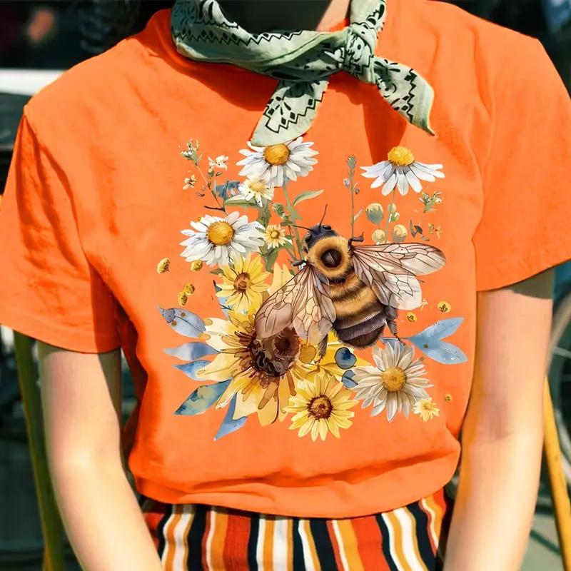 

Women Summer T Shirt Retro Fashion Short Sleeve Tees Casual Honeybee Printed Tops XS червоний