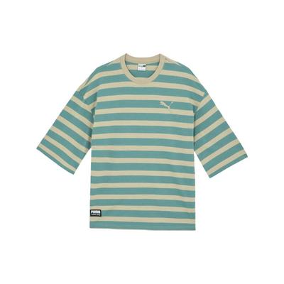 Puma Lässiges gestreiftes Rundhals-T-Shirt mit lockerem Schnitt und Aufdruck, Kurzarm, Unisex-Oberteil, Mineralblau 539530-50