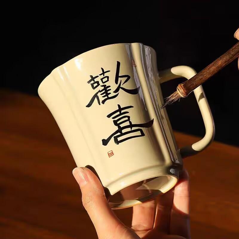 Cană de ceai din cenușă de iarbă și lemn, scrisă de mână, cu filtru creativ, ceramică pentru separarea ceaiului, cu capac, cană personală specială pentru birou