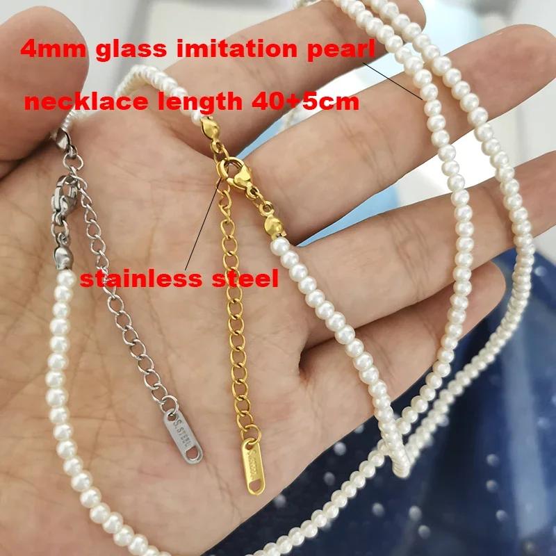 4mm Glass Imitation Pearl Necklace Women Men Base Choker Stainless Steel Clasp Extend 40cm+5cm White Custom